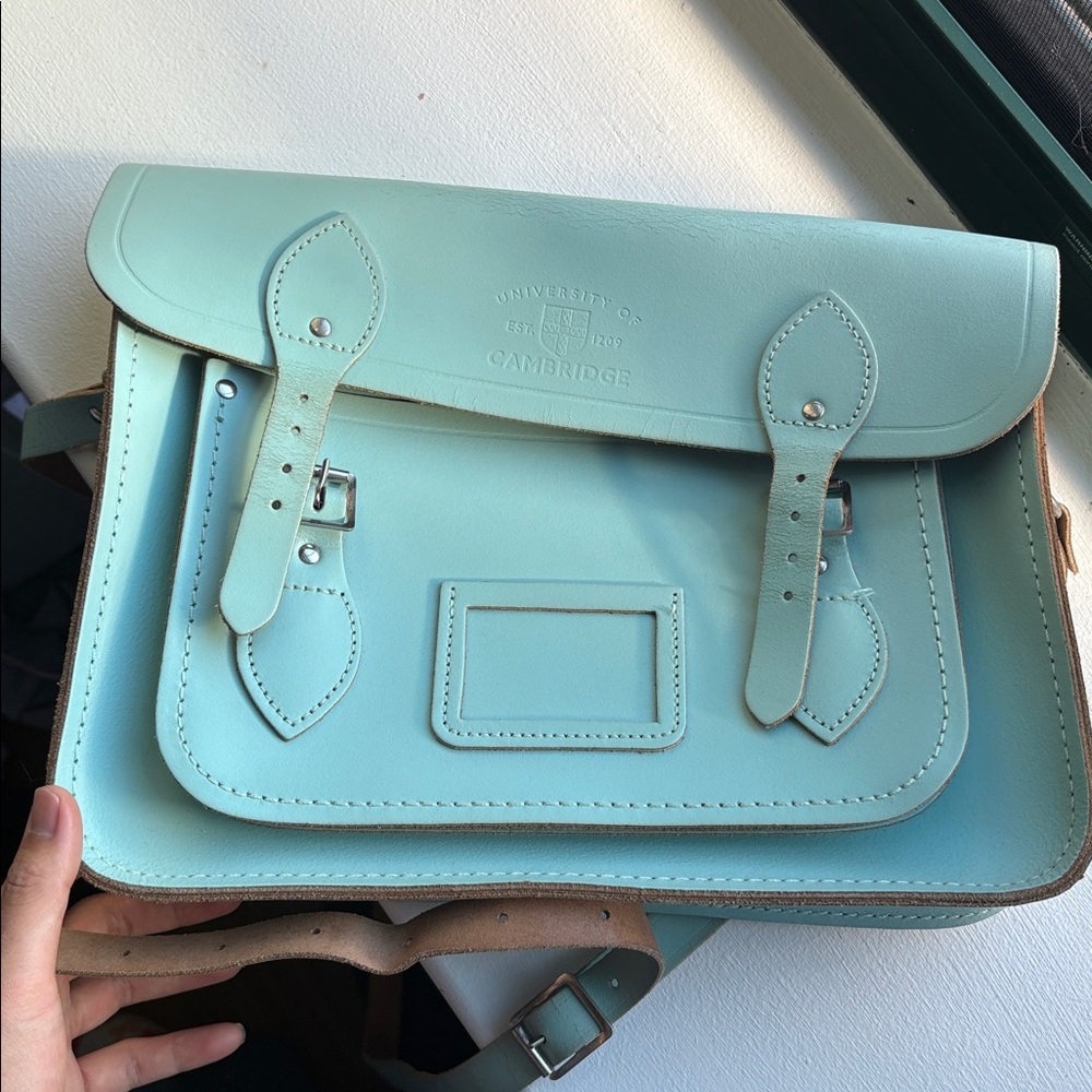 Cambridge Satchel Blue Green Leather Crossbody Bag with Crest